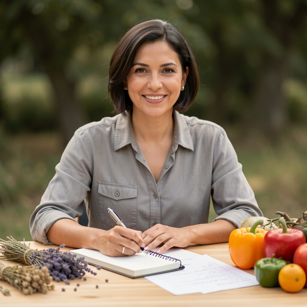 Nutrition specialist reviewing handwritten dietary records and a seasonal produce list at a wooden desk, with dried herbs arranged nearby