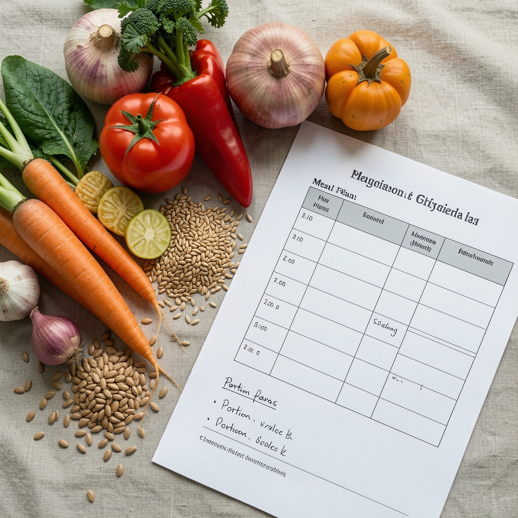 Seasonal vegetables and whole grains spread on a linen surface beside a structured meal plan document with handwritten portion notes in natural daylight
