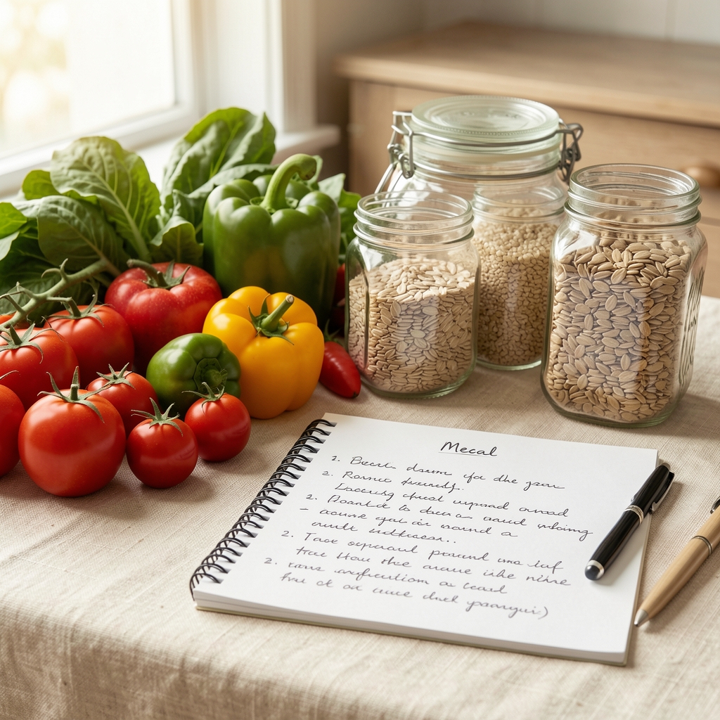 Nutritionist workspace with fresh seasonal vegetables, glass jars of whole grains, and handwritten meal plan notes on a warm cream linen surface