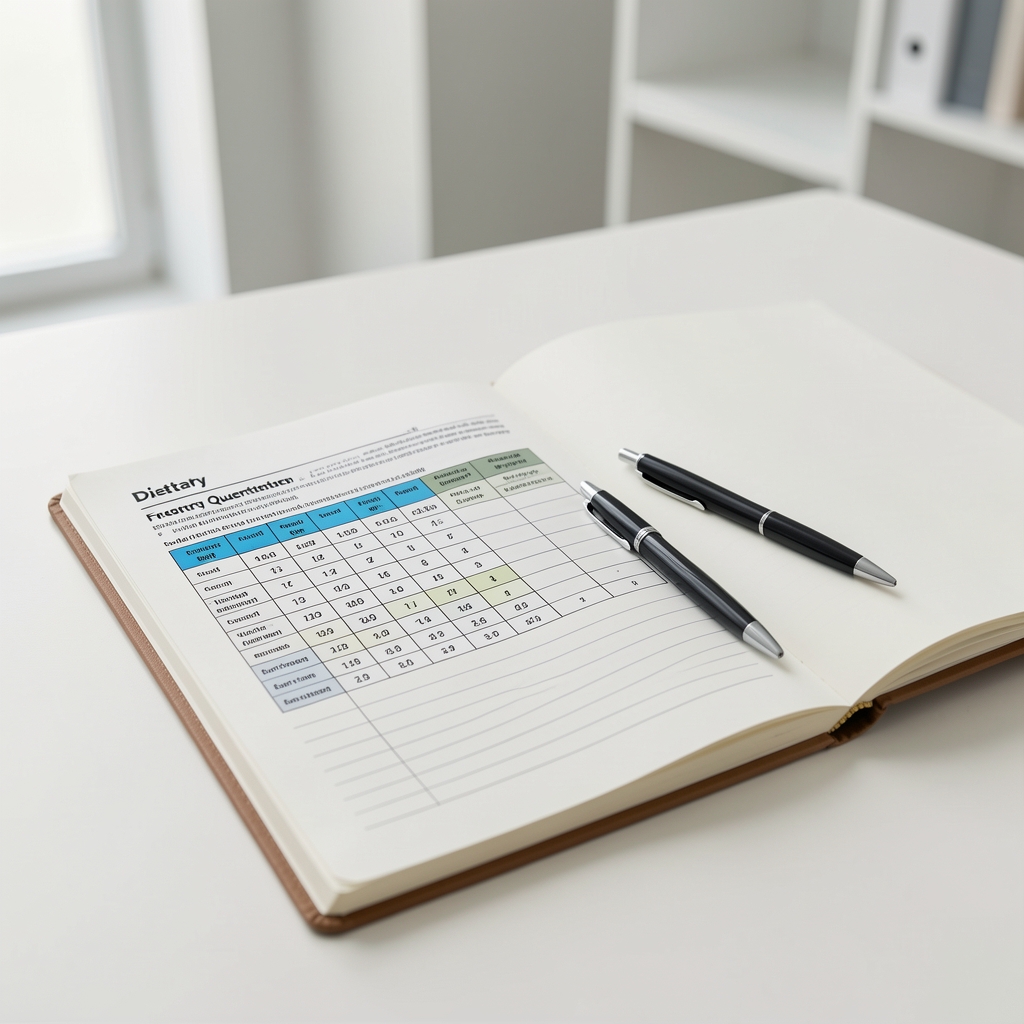 Dietary questionnaire document with a food frequency grid and self-reported intake log, pen resting on open notebook in a clean consultation environment