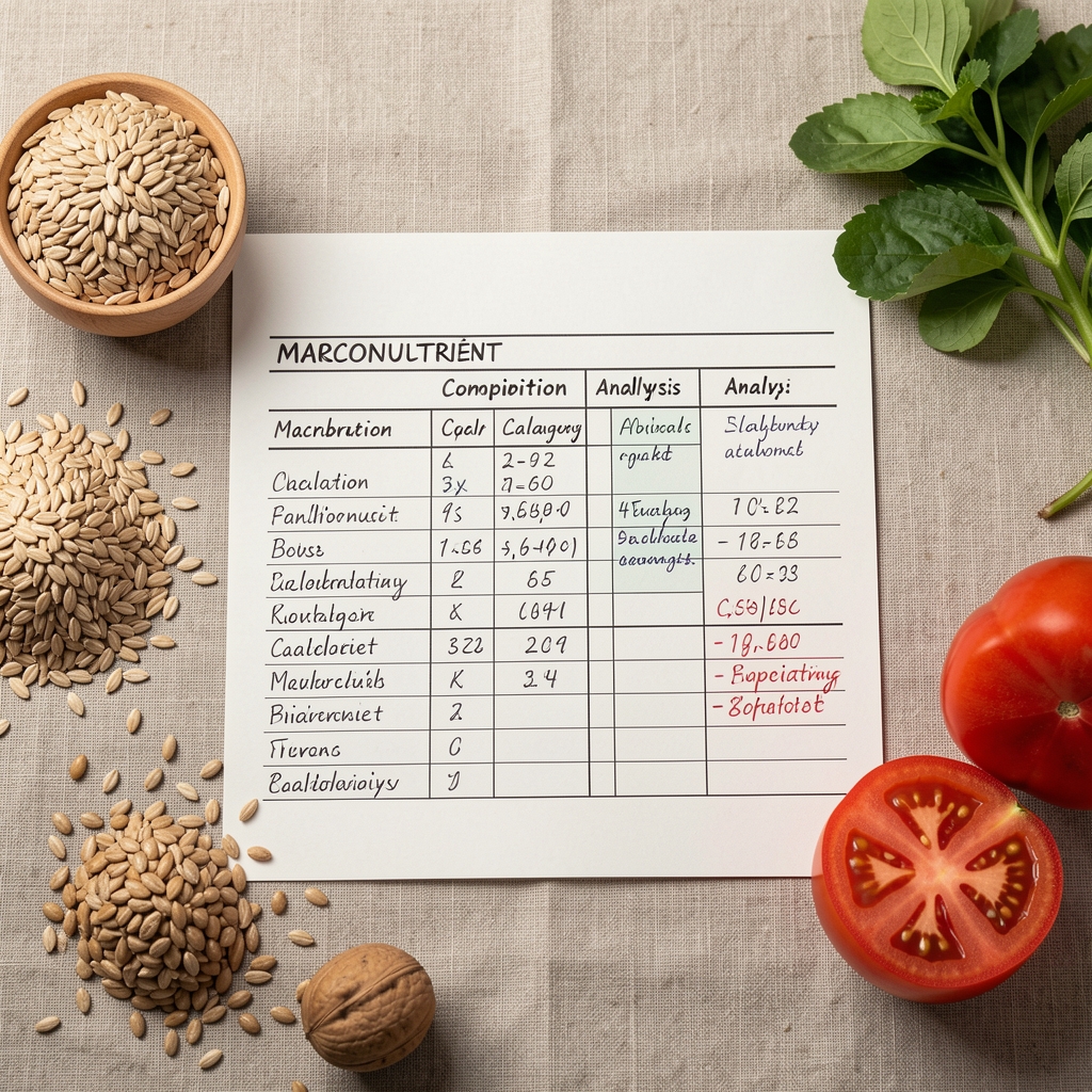 Macronutrient composition analysis table with handwritten calibration notes, surrounded by whole grain and vegetable samples on a neutral linen background in studio lighting
