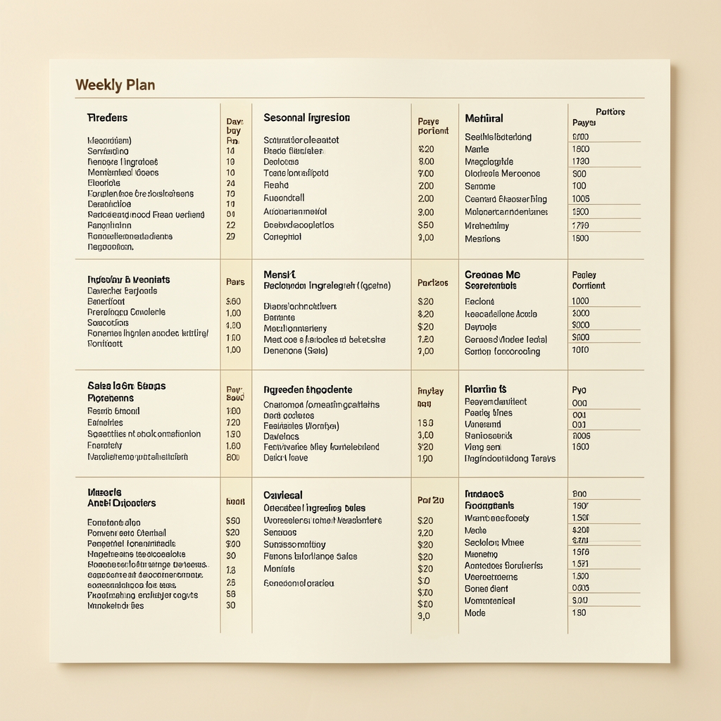 Weekly meal plan document spread showing seven days of structured meals with seasonal ingredient lists and portion annotation columns on a clean cream background