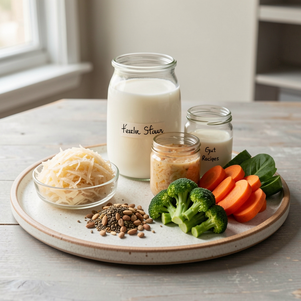 Fermented food selection including kefir, sauerkraut, and fibre-rich vegetables arranged on a ceramic board with gut-friendly recipe notes in natural daylight