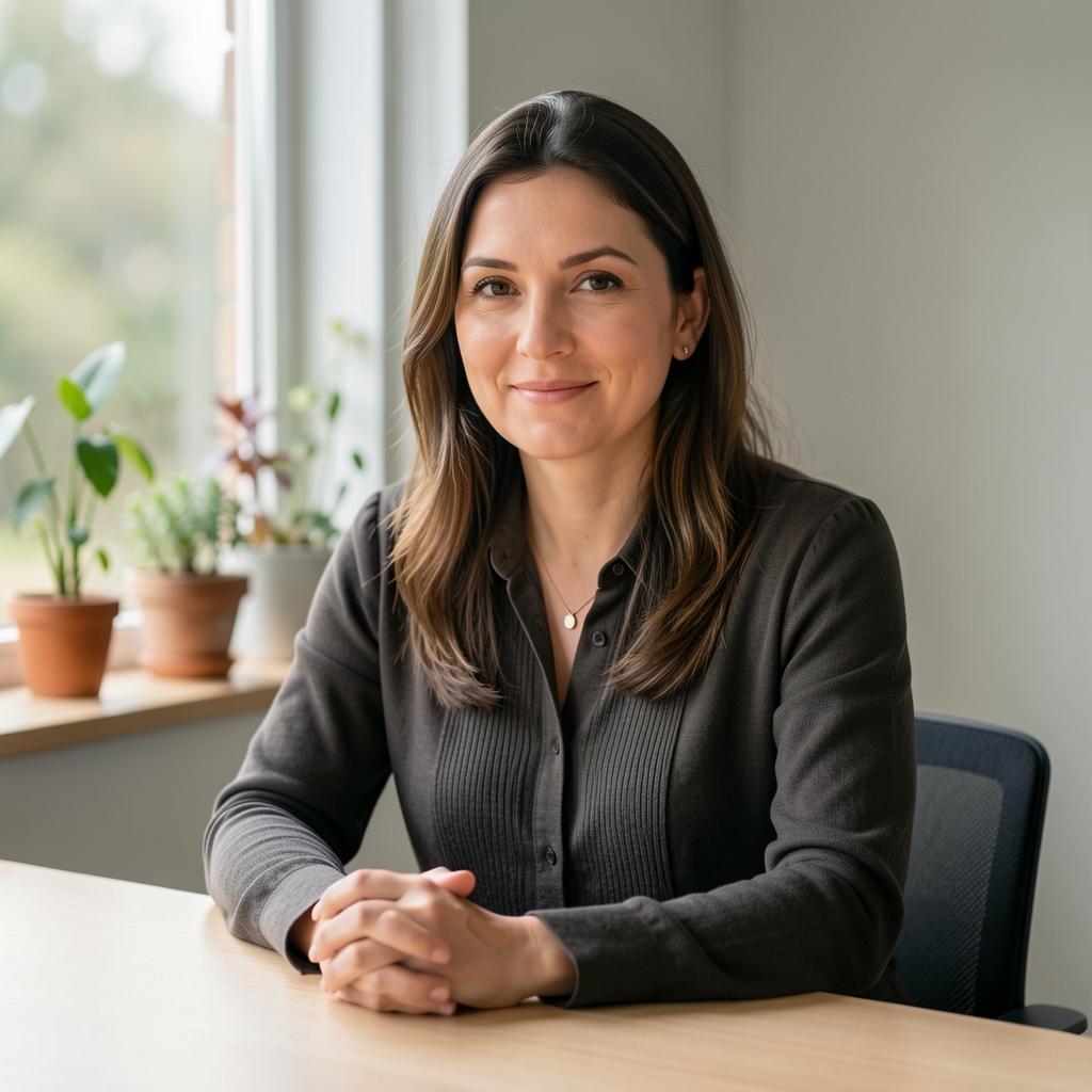Portrait of nutrition specialist seated at a minimalist wooden desk in a naturally lit studio environment with plant specimens on the windowsill